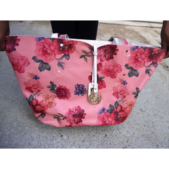 Bebe Reversible Floral Tote Bag Pink Vegan Leather Purse NWT Large - Picture 1 of 11